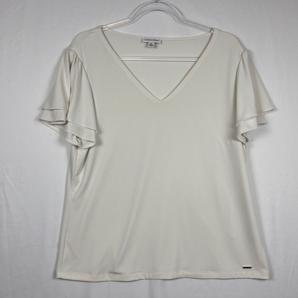 Calvin Klein Women's V Neck Double Ruffle/Flutter Sleeve Top XL Off White